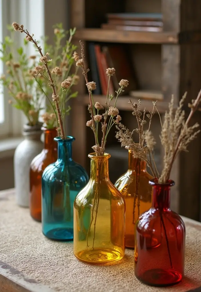 30 Colored Glass Vase Decor Ideas for Vibrant Home Accents 78 30 Colored Glass Vase Decor Ideas for Vibrant Home Accents - 20. Rustic Charm