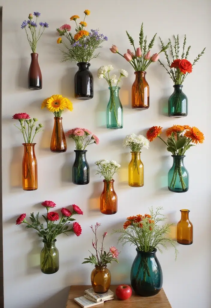 30 Colored Glass Vase Decor Ideas for Vibrant Home Accents 19 30 Colored Glass Vase Decor Ideas for Vibrant Home Accents - 7. Eclectic Wall Displays