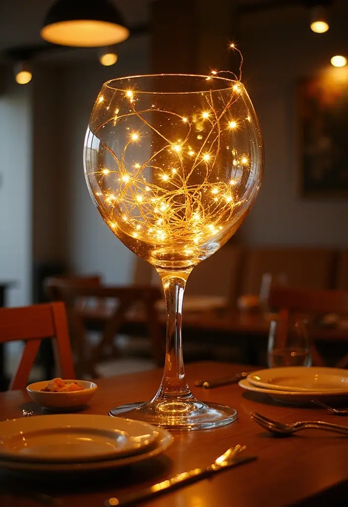 30 Giant Wine Glass Decor Ideas for Playful Centerpieces 27 30 Giant Wine Glass Decor Ideas for Playful Centerpieces - 9. Playful Centerpiece with Lights