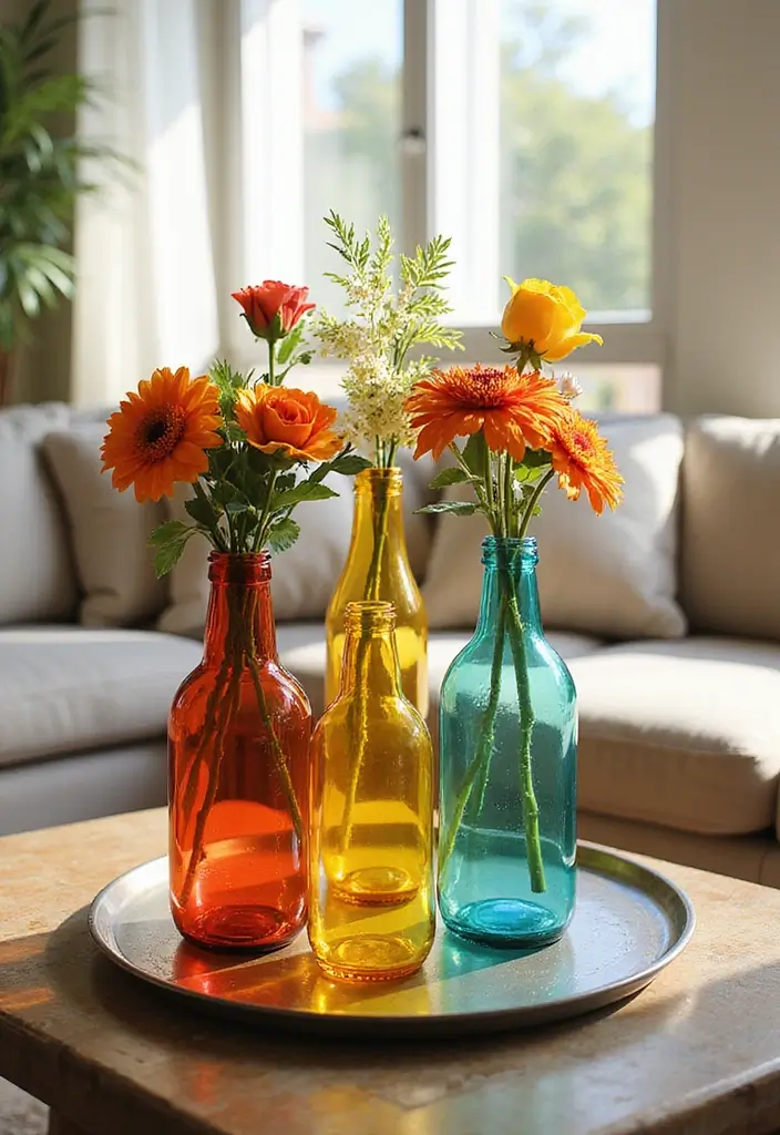 30+ Glass Bottle Decor Ideas for Chic Living Rooms - 1. Colorful Bottle Vases