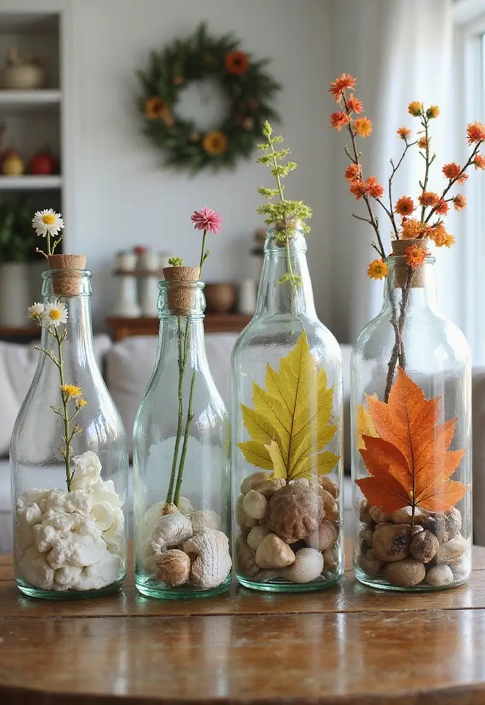 30+ Glass Bottle Decor Ideas for Chic Living Rooms - 15. Seasonal Bottle Displays