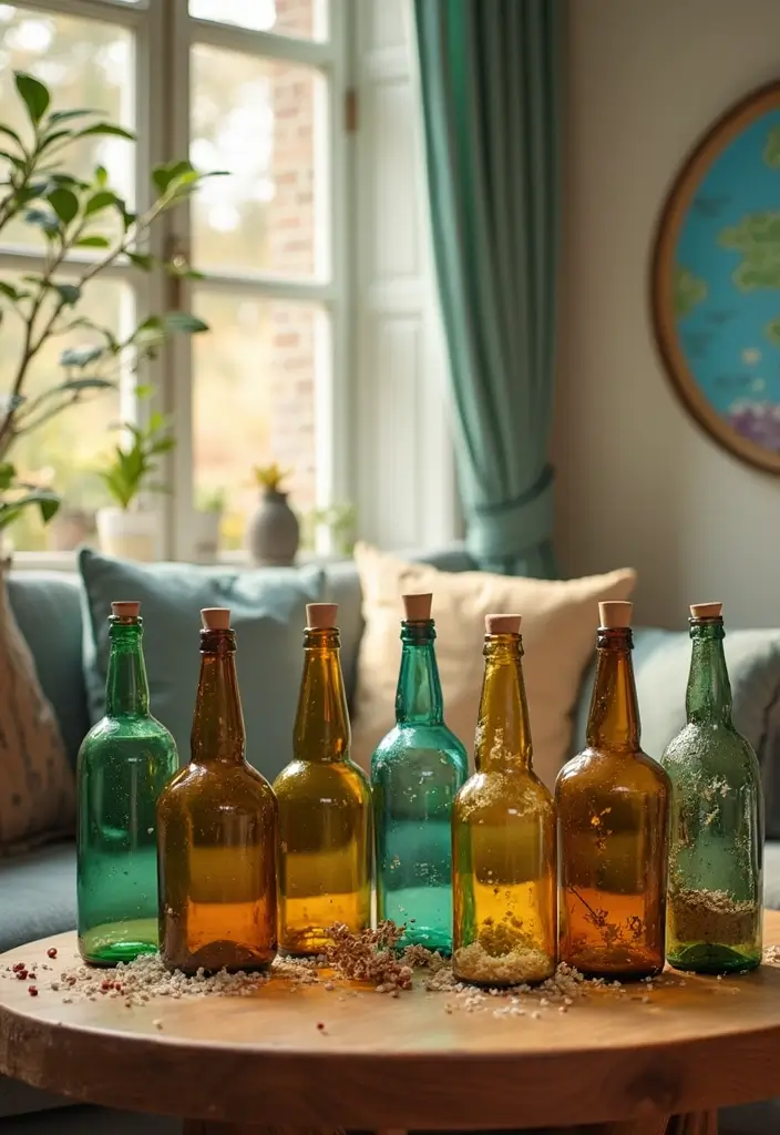 30+ Glass Bottle Decor Ideas for Chic Living Rooms - 17. Interactive Bottle Decor