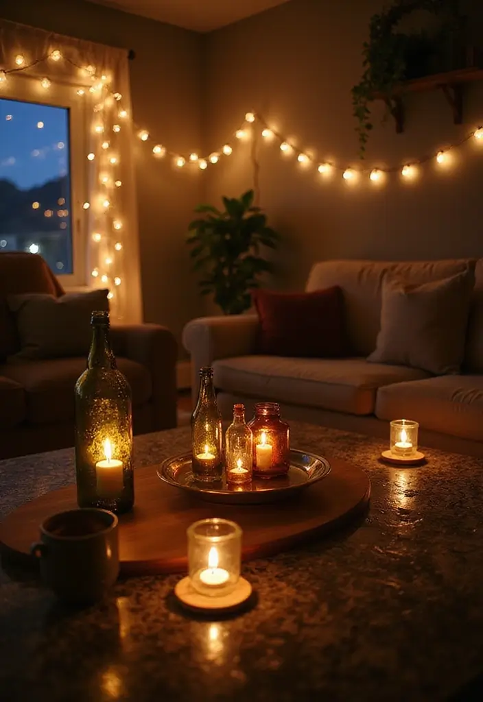 30+ Glass Bottle Decor Ideas for Chic Living Rooms - 18. Glass Bottle String Lights