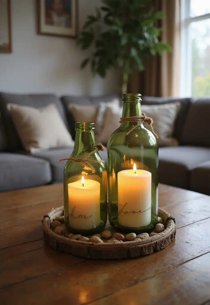 30+ Glass Bottle Decor Ideas for Chic Living Rooms - 2. Rustic Bottle Candle Holders