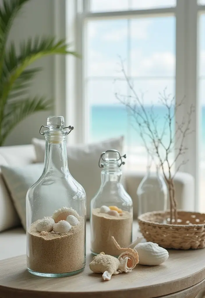 30+ Glass Bottle Decor Ideas for Chic Living Rooms - 20. Beach-Themed Bottle Decor