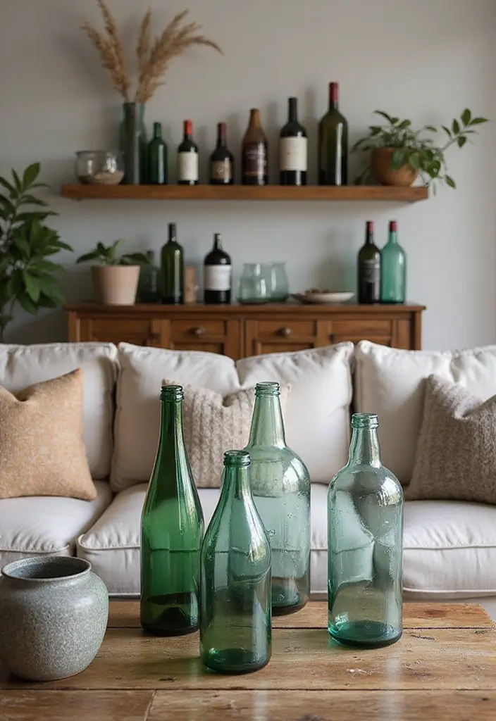 30+ Glass Bottle Decor Ideas for Chic Living Rooms - 21. Artful Bottle Arrangements