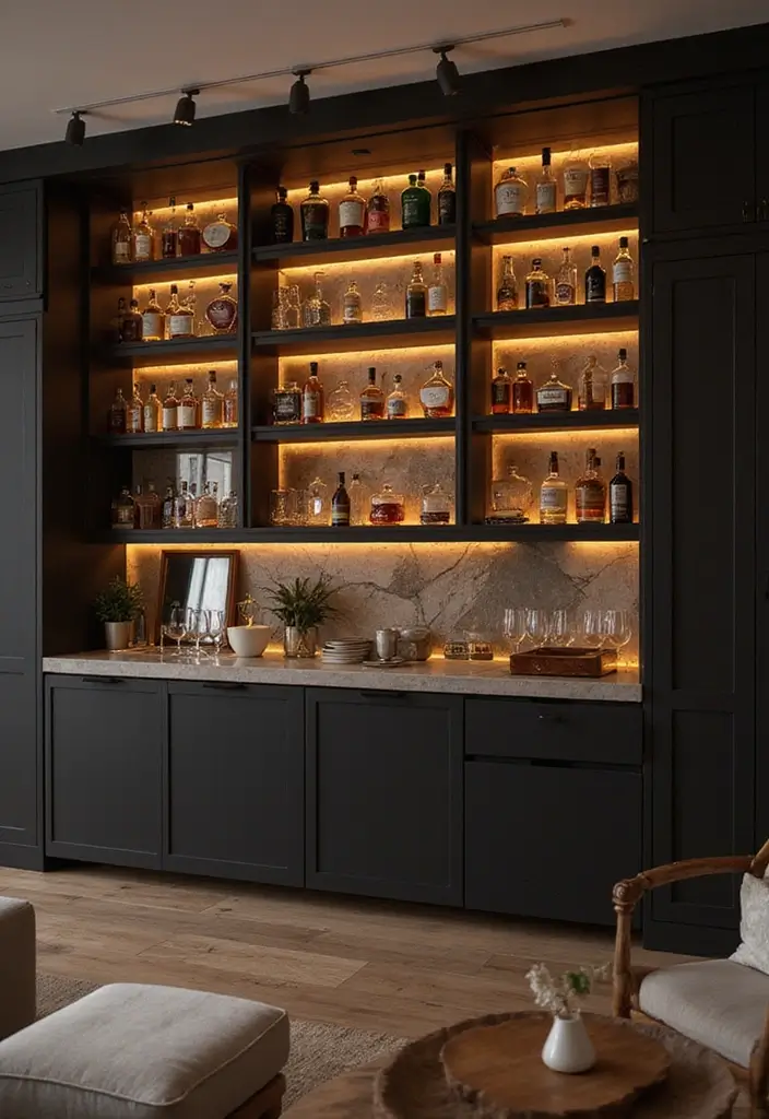 30+ Glass Bottle Decor Ideas for Chic Living Rooms - 22. Modern Bottle Bar