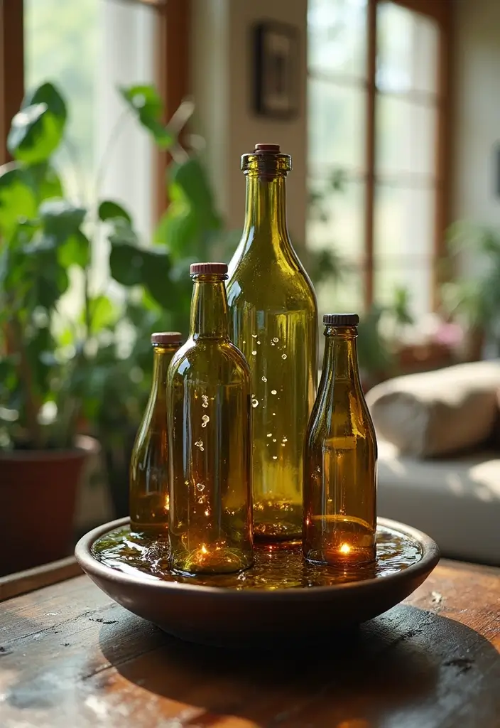 30+ Glass Bottle Decor Ideas for Chic Living Rooms - 26. Decorative Bottle Water Features