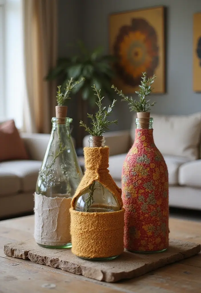 30+ Glass Bottle Decor Ideas for Chic Living Rooms - 28. Artistic Bottle Arrangements with Fabric