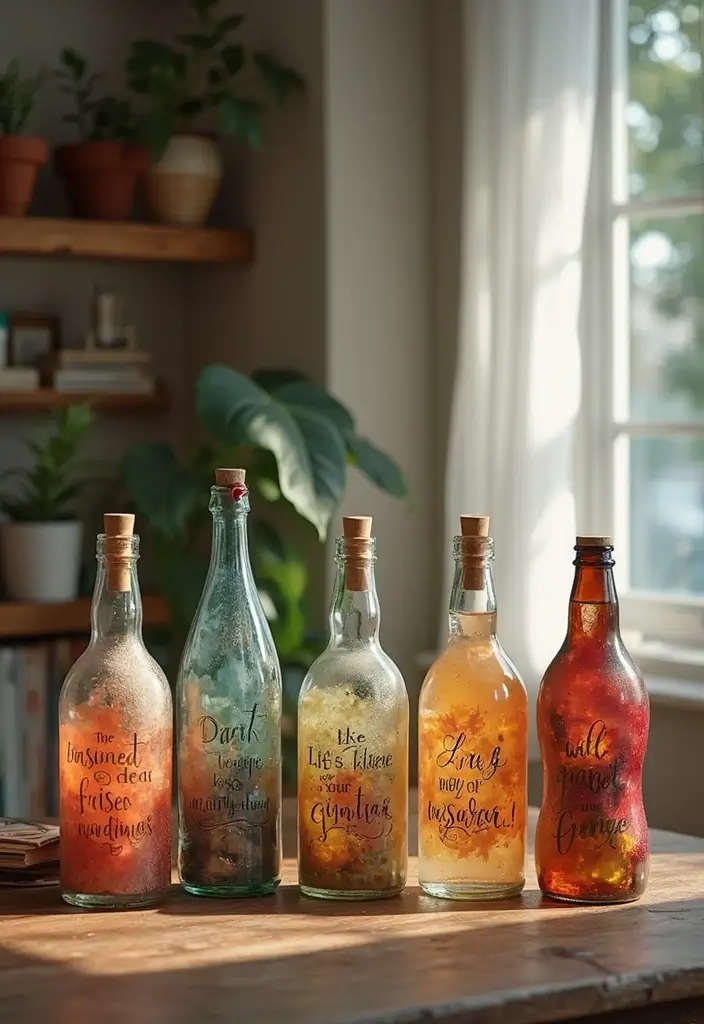 30+ Glass Bottle Decor Ideas for Chic Living Rooms - 30. Inspirational Quote Bottles