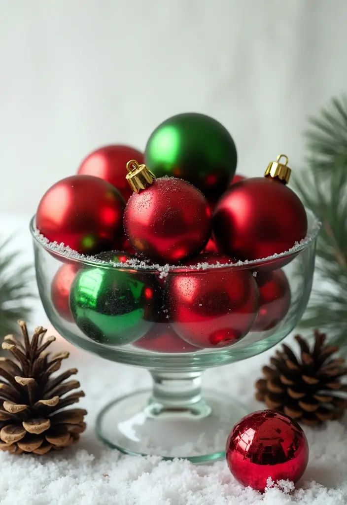 30+ Glass Bowl Centerpiece Ideas with Ornaments for a Christmas Glow - 1. Classic Red and Green Ornaments