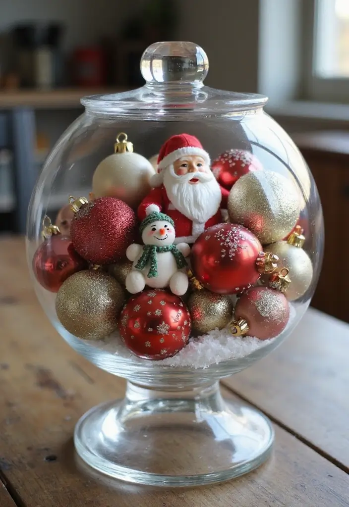 30+ Glass Bowl Centerpiece Ideas with Ornaments for a Christmas Glow - 11. Playful Miniature Figures