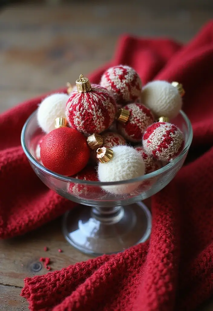 30+ Glass Bowl Centerpiece Ideas with Ornaments for a Christmas Glow - 12. Cozy Knit Accents