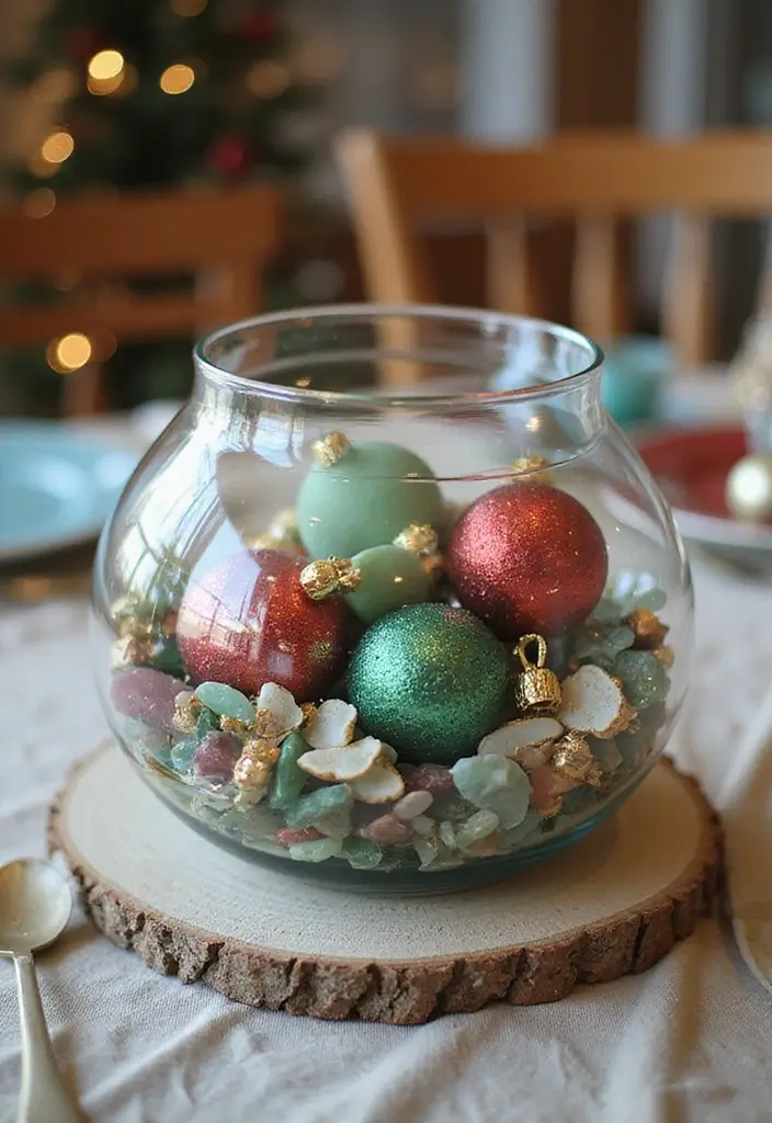 30+ Glass Bowl Centerpiece Ideas with Ornaments for a Christmas Glow - 14. Goldfish Bowl Inspired Centerpiece