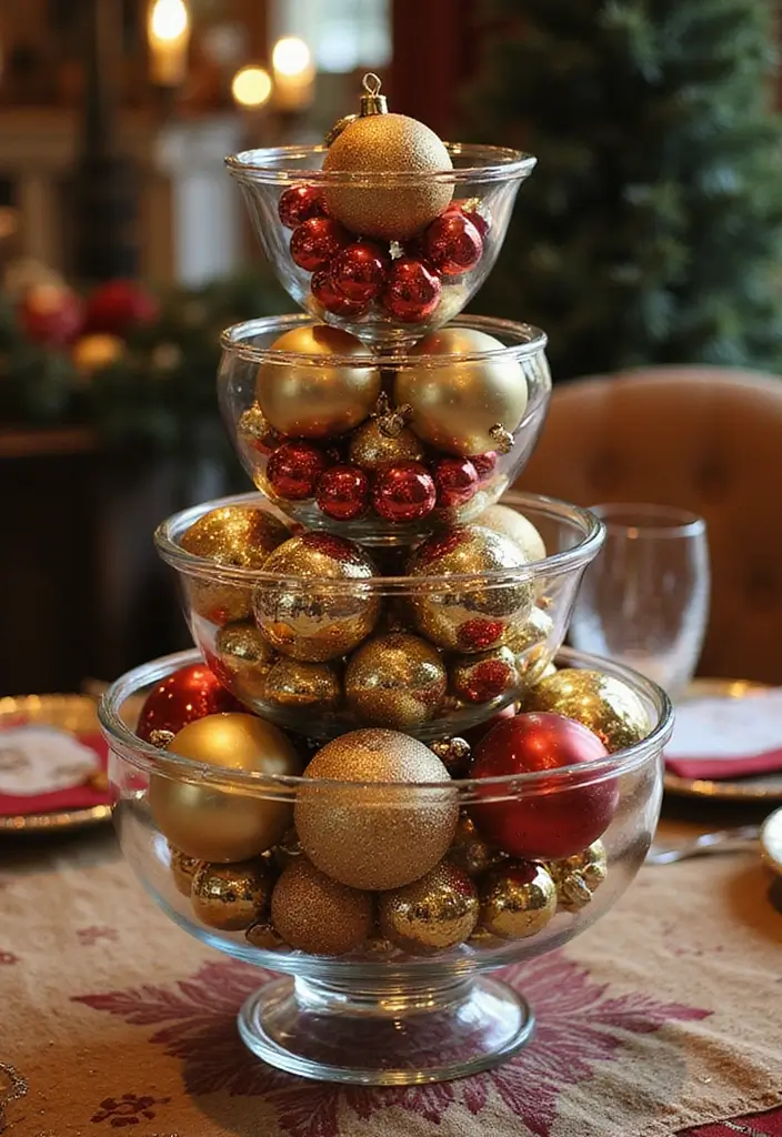 30+ Glass Bowl Centerpiece Ideas with Ornaments for a Christmas Glow - 15. Layered Glass Bowl Arrangement