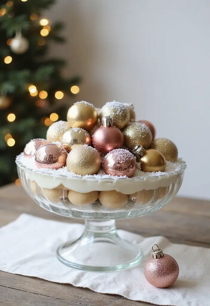 30+ Glass Bowl Centerpiece Ideas with Ornaments for a Christmas Glow - 16. Ornaments in a Trifle Dish