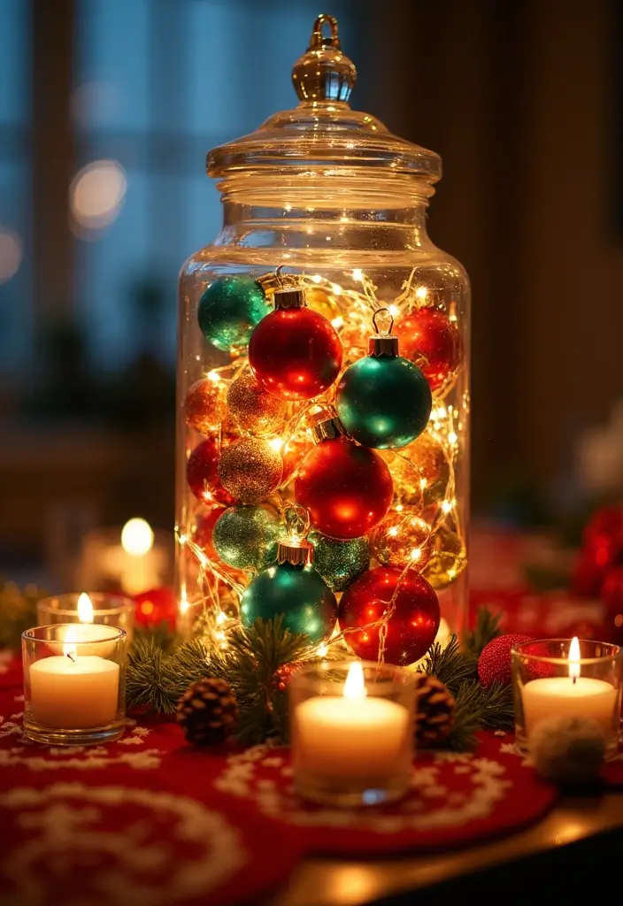30+ Glass Bowl Centerpiece Ideas with Ornaments for a Christmas Glow - 17. Artistic Glass Jar Display