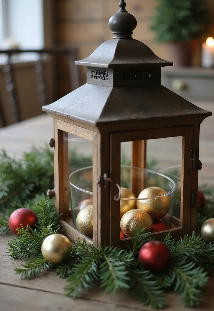 30+ Glass Bowl Centerpiece Ideas with Ornaments for a Christmas Glow - 18. Rustic Lantern Centerpiece