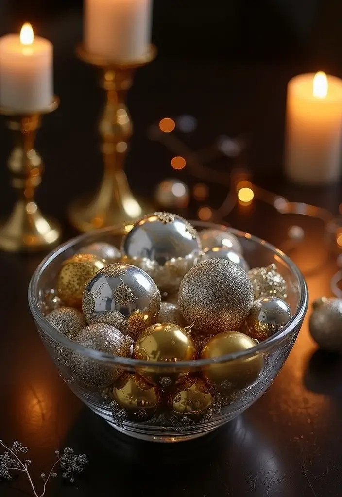 30+ Glass Bowl Centerpiece Ideas with Ornaments for a Christmas Glow - 2. Elegant Silver and Gold Accents