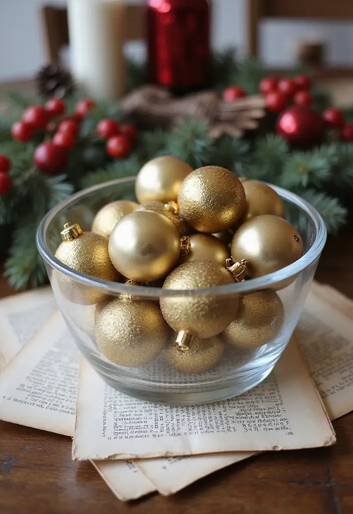 30+ Glass Bowl Centerpiece Ideas with Ornaments for a Christmas Glow - 20. Vintage Book Page Base