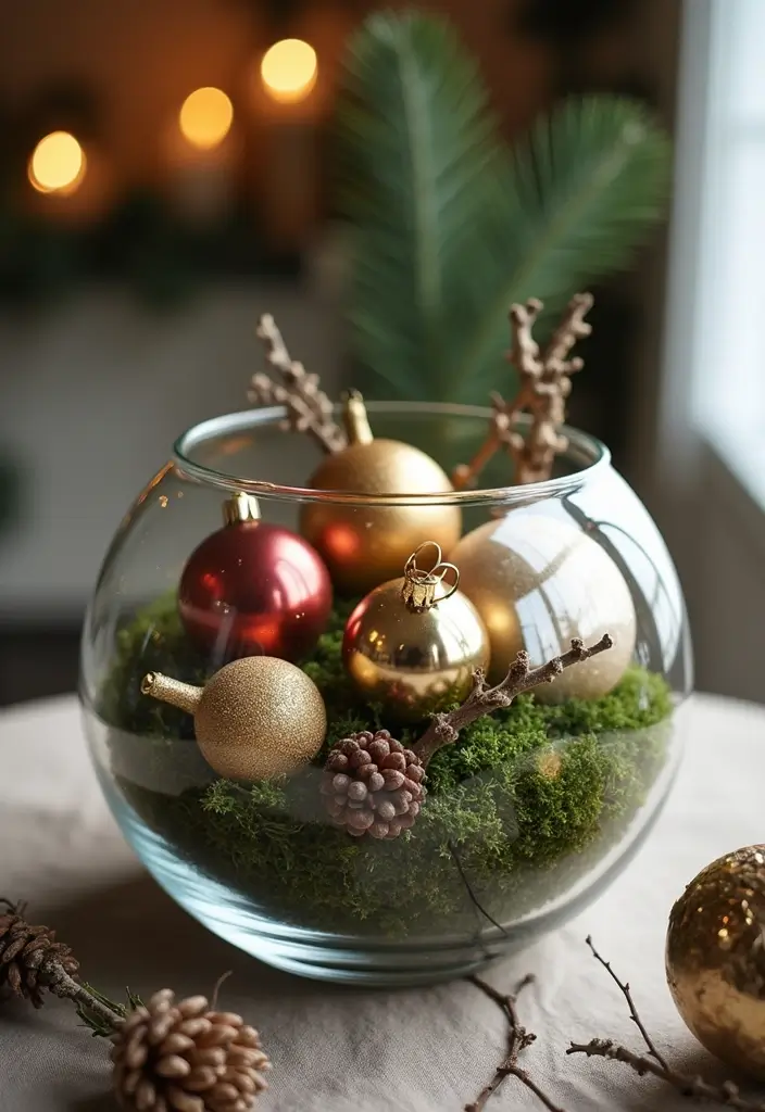 30+ Glass Bowl Centerpiece Ideas with Ornaments for a Christmas Glow - 21. Nature-Inspired Elements