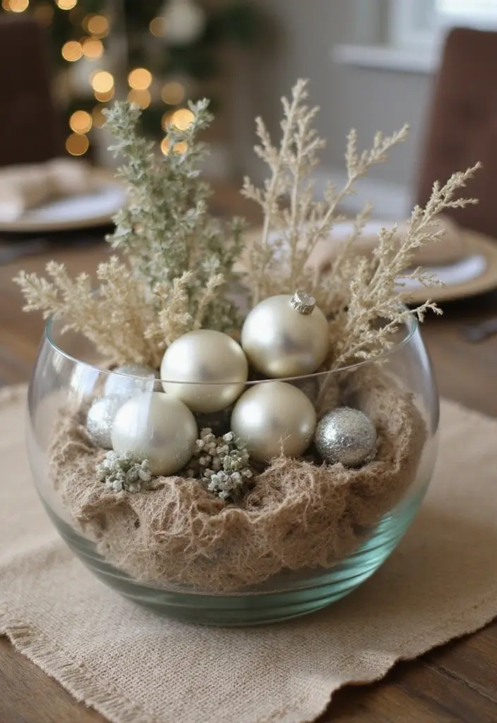 30+ Glass Bowl Centerpiece Ideas with Ornaments for a Christmas Glow - 22. Mix and Match Textures