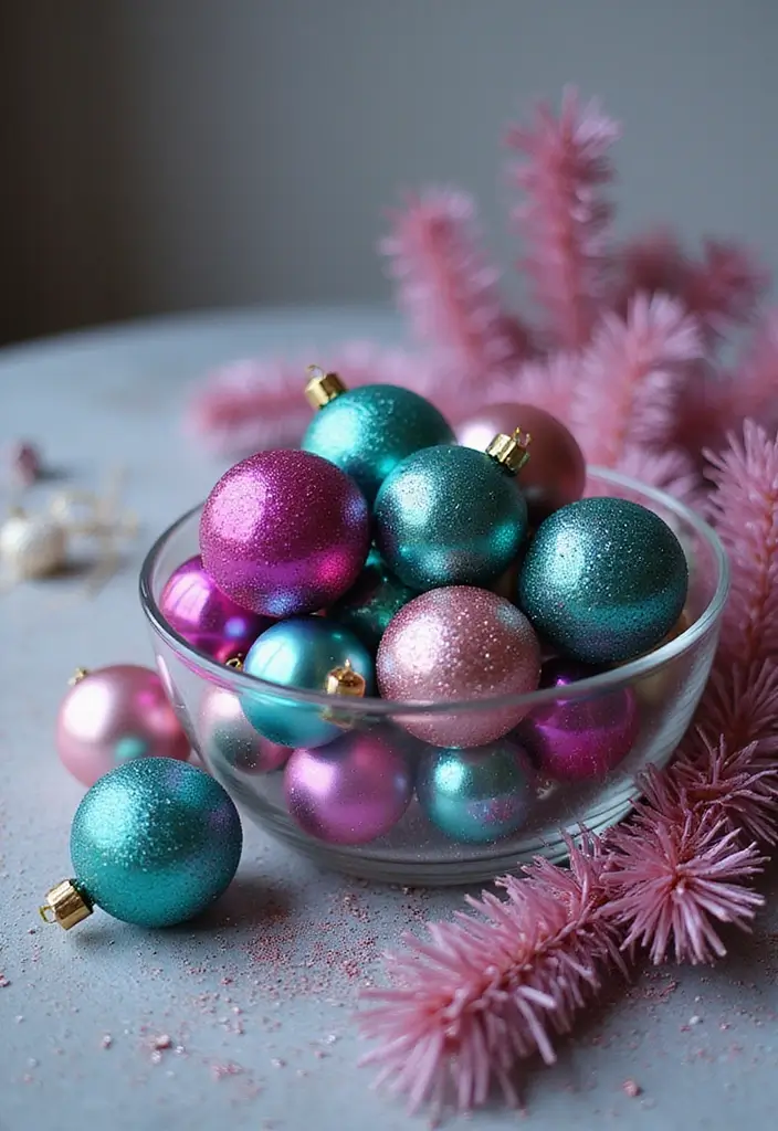 30+ Glass Bowl Centerpiece Ideas with Ornaments for a Christmas Glow - 23. Fun Festive Colors