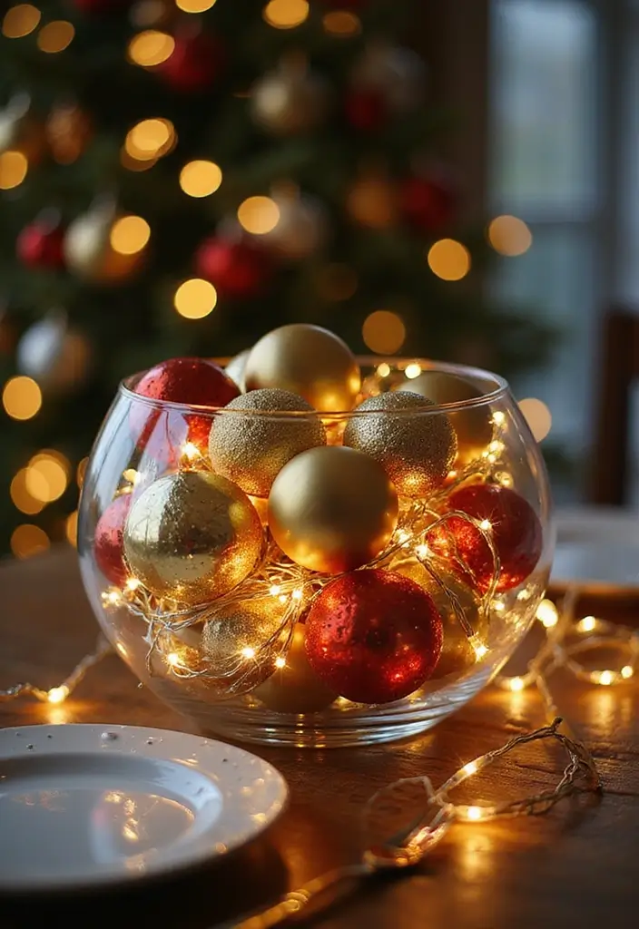 30+ Glass Bowl Centerpiece Ideas with Ornaments for a Christmas Glow - 25. Magical Fairy Light Centerpiece