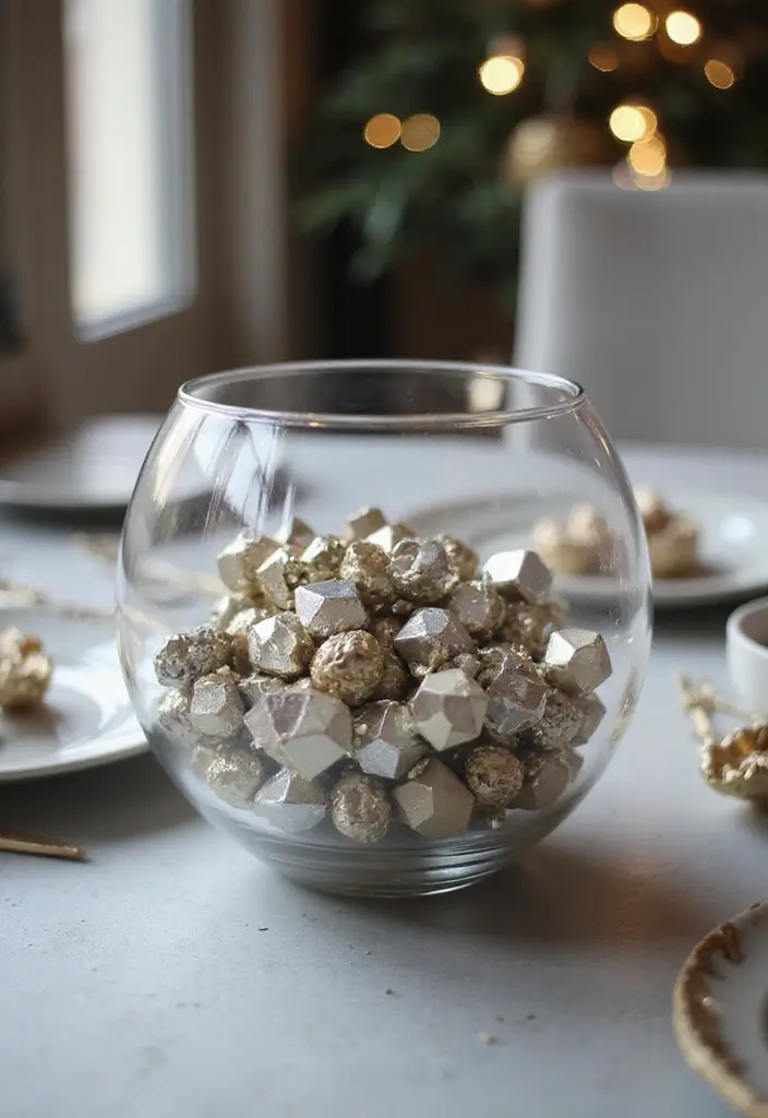 30+ Glass Bowl Centerpiece Ideas with Ornaments for a Christmas Glow - 26. Modern Geometric Ornaments