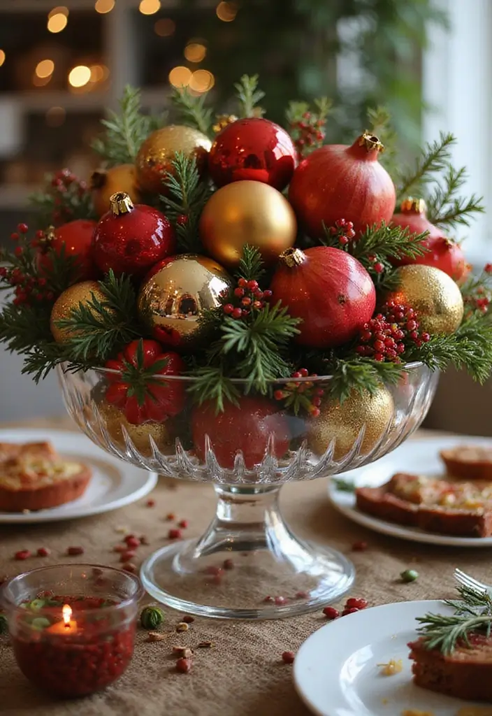 30+ Glass Bowl Centerpiece Ideas with Ornaments for a Christmas Glow - 27. Nature's Bounty Table Centerpiece