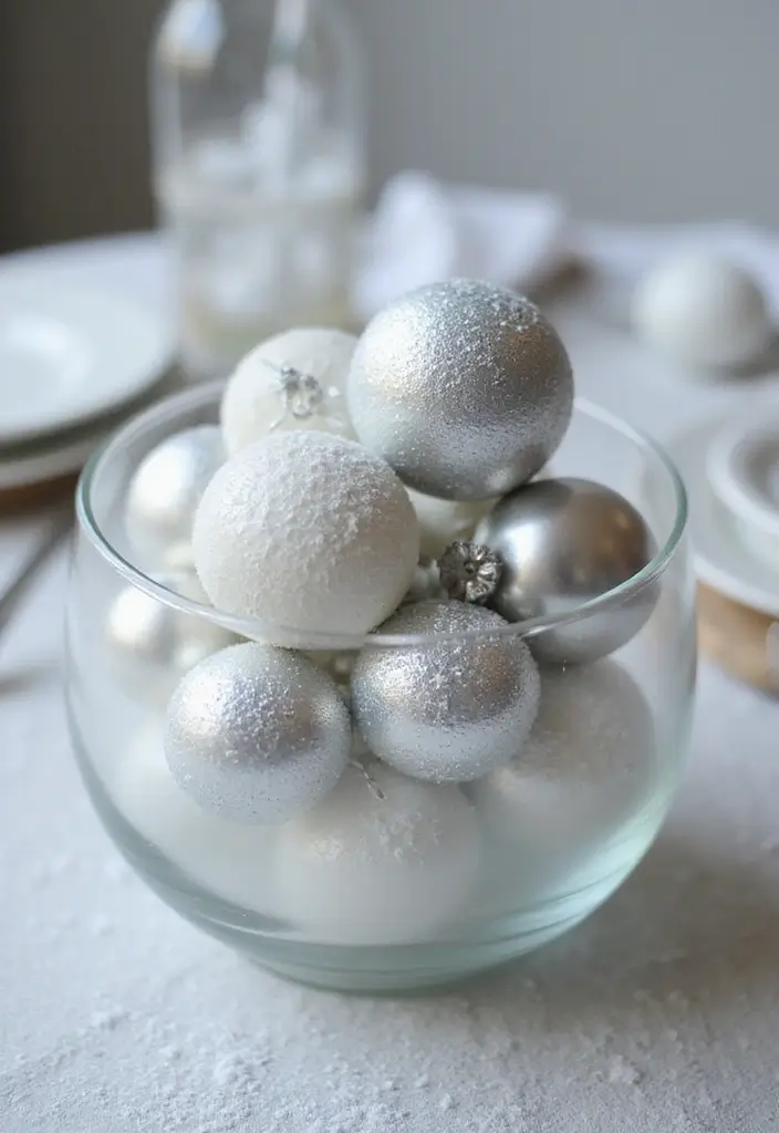 30+ Glass Bowl Centerpiece Ideas with Ornaments for a Christmas Glow - 28. Frosted Glass Bowl with Ornaments