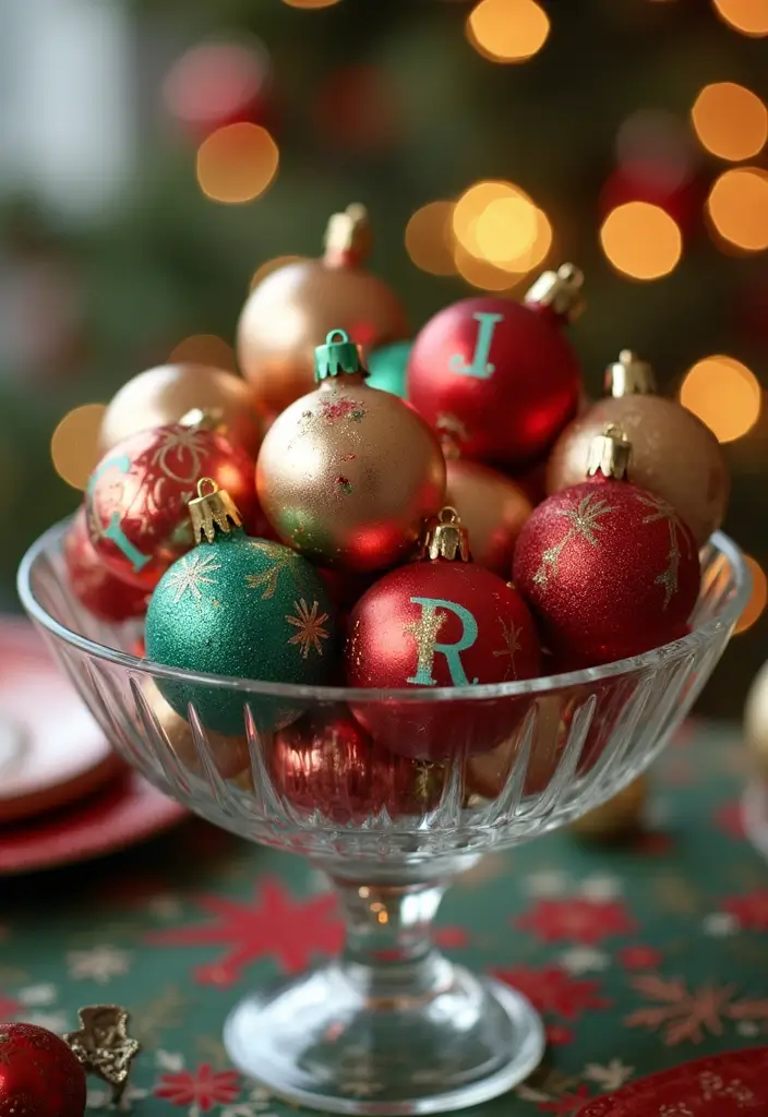 30+ Glass Bowl Centerpiece Ideas with Ornaments for a Christmas Glow - 29. Monogrammed Ornaments Centerpiece