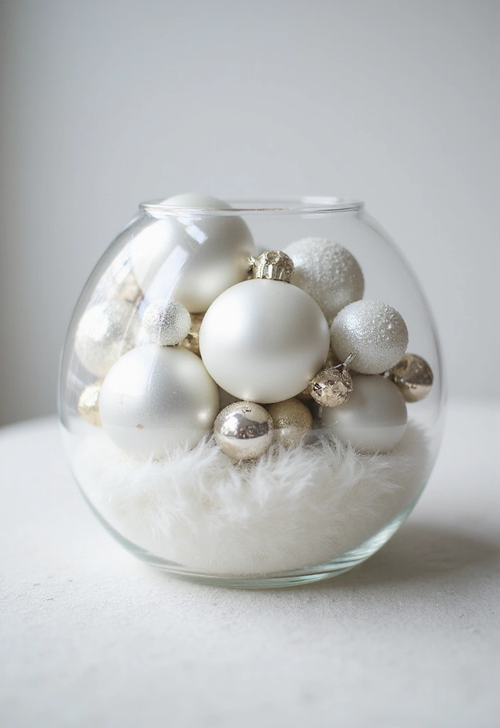 30+ Glass Bowl Centerpiece Ideas with Ornaments for a Christmas Glow - 3. Winter Wonderland with White and Clear Ornaments