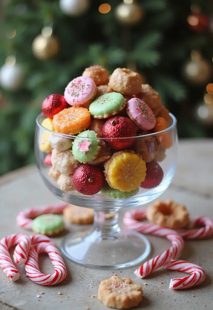 30+ Glass Bowl Centerpiece Ideas with Ornaments for a Christmas Glow - 5. Colorful Candy-Themed Display