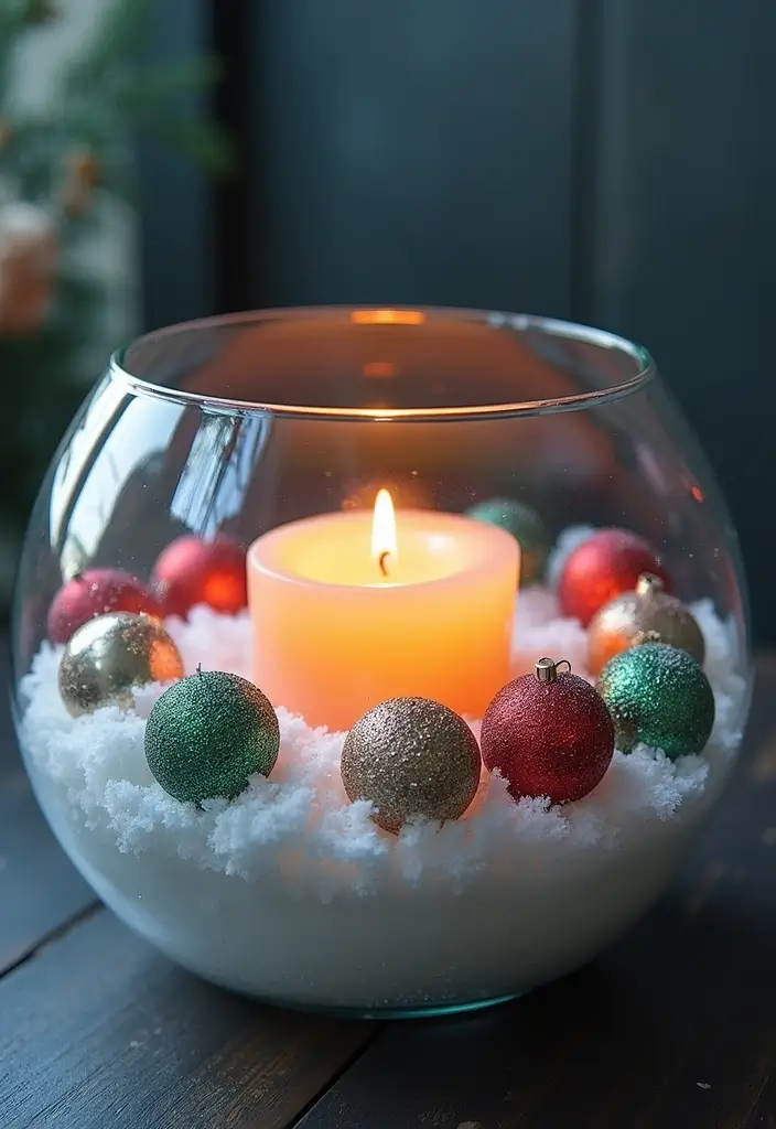 30+ Glass Bowl Centerpiece Ideas with Ornaments for a Christmas Glow - 7. Whimsical Snow Globe Effect