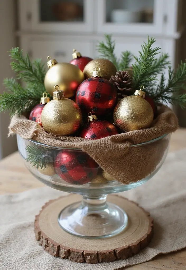 30+ Glass Bowl Centerpiece Ideas with Ornaments for a Christmas Glow - 8. Festive Farmhouse Style