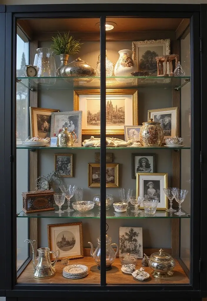 30 Glass Cabinet Decor Ideas to Showcase Your Collections 34 30 Glass Cabinet Decor Ideas to Showcase Your Collections - 12. Create a Gallery Wall in a Cabinet