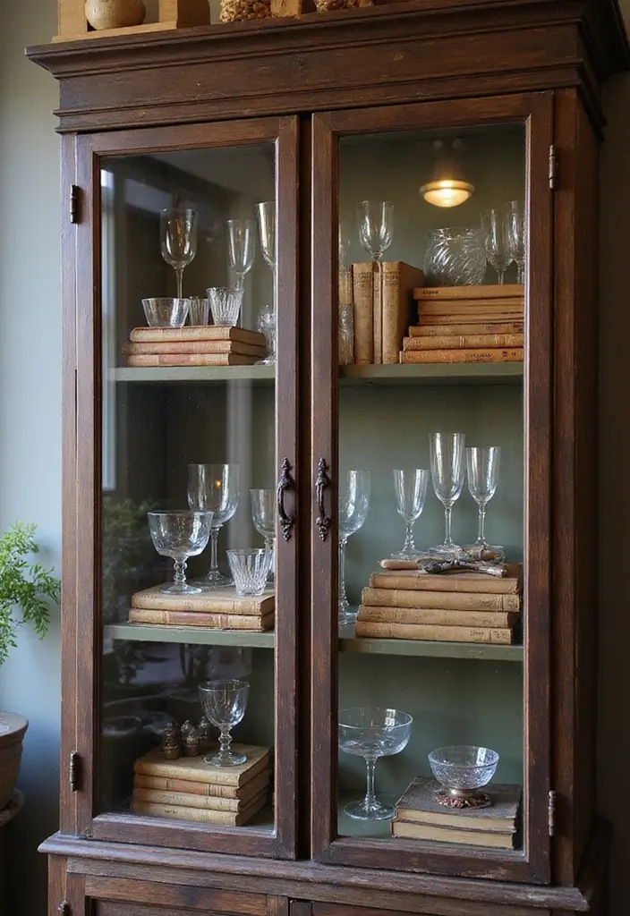 30 Glass Cabinet Decor Ideas to Showcase Your Collections 53 30 Glass Cabinet Decor Ideas to Showcase Your Collections - 19. Use Vintage Books as Stands