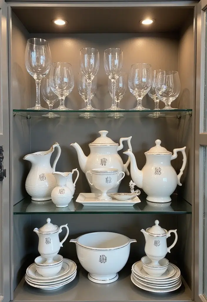 30 Glass Cabinet Decor Ideas to Showcase Your Collections 54 30 Glass Cabinet Decor Ideas to Showcase Your Collections - 20. Personalize with Monograms