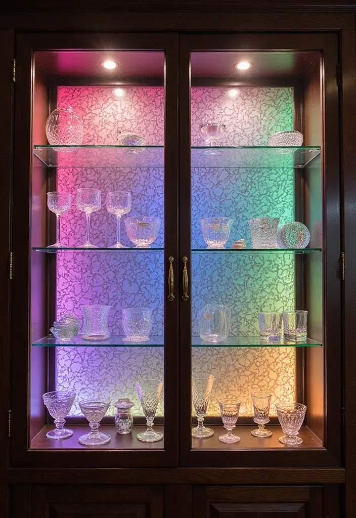 30 Glass Cabinet Decor Ideas to Showcase Your Collections 70 30 Glass Cabinet Decor Ideas to Showcase Your Collections - 26. Use Patterned Backgrounds