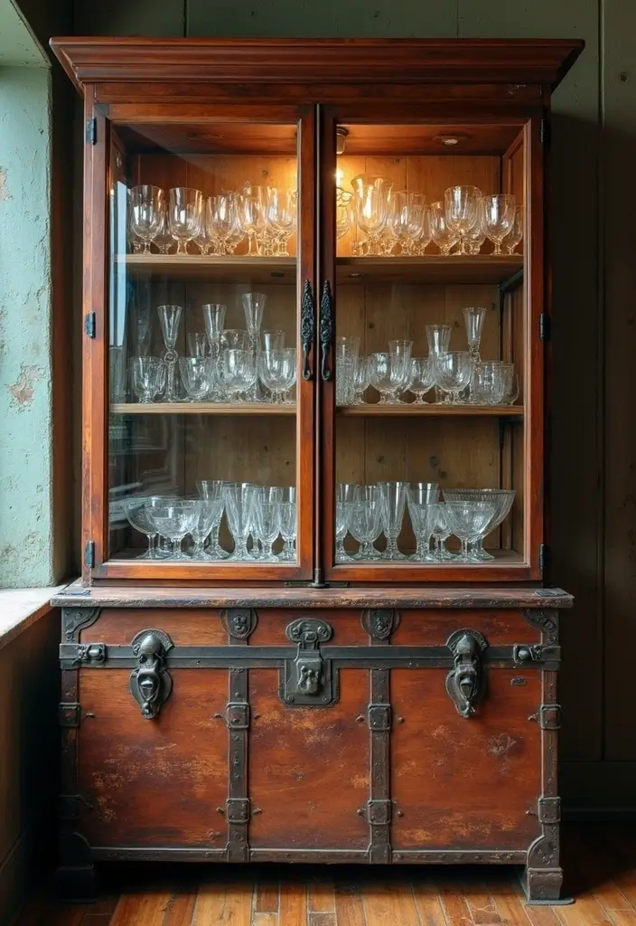 30 Glass Cabinet Decor Ideas to Showcase Your Collections 72 30 Glass Cabinet Decor Ideas to Showcase Your Collections - 28. Utilize Vintage Trunks