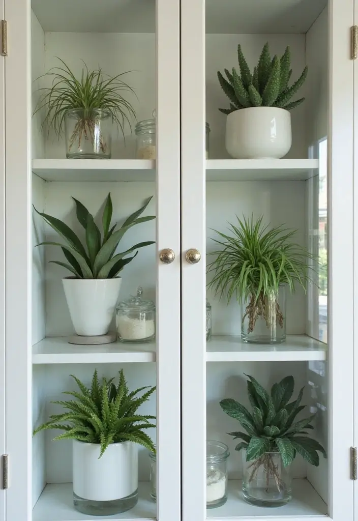 30 Glass Cabinet Decor Ideas to Showcase Your Collections 74 30 Glass Cabinet Decor Ideas to Showcase Your Collections - 30. Consider Minimalist Greenery