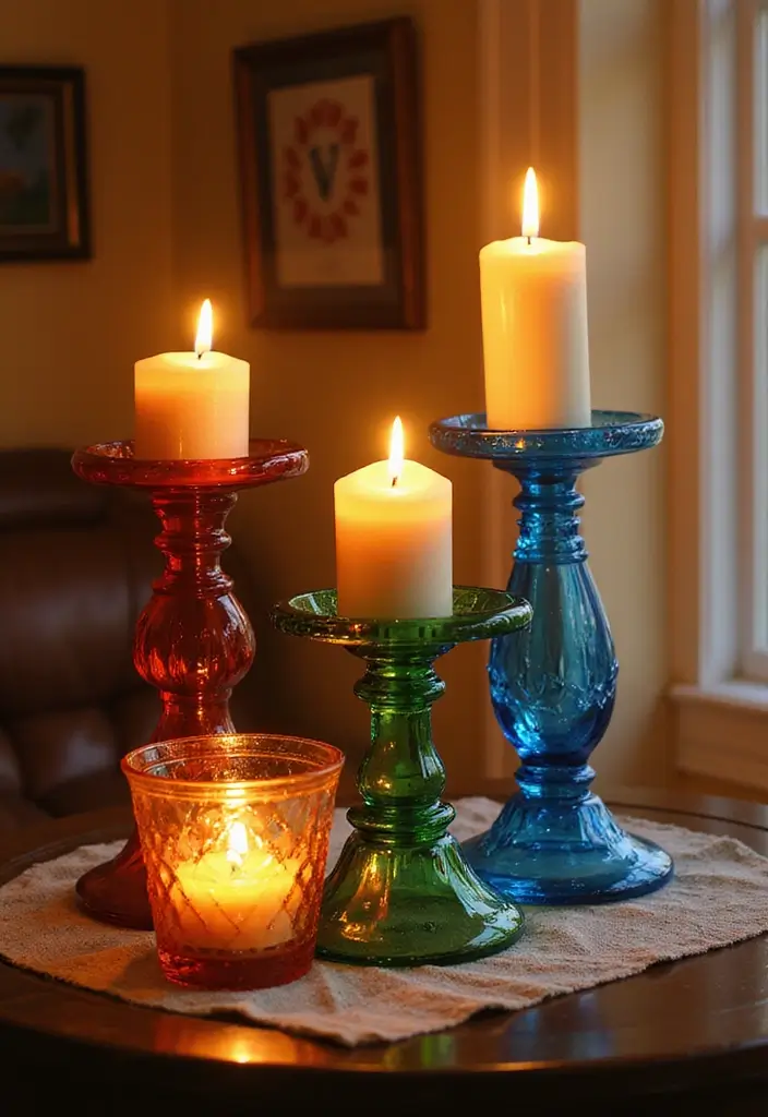 30+ Glass Candle Holder Decor Ideas That Feel Warm and Cozy 55 30+ Glass Candle Holder Decor Ideas That Feel Warm and Cozy - 19. Vintage Colored Glass Holders