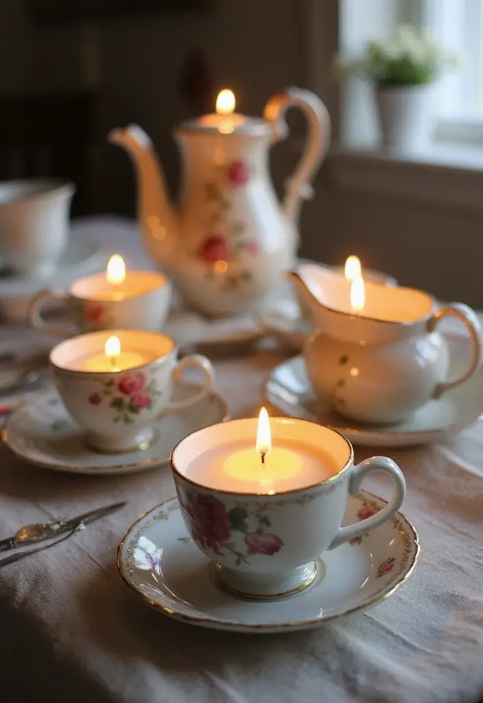 30+ Glass Candle Holder Decor Ideas That Feel Warm and Cozy 77 30+ Glass Candle Holder Decor Ideas That Feel Warm and Cozy - 23. Vintage Tea Set Candle Holders