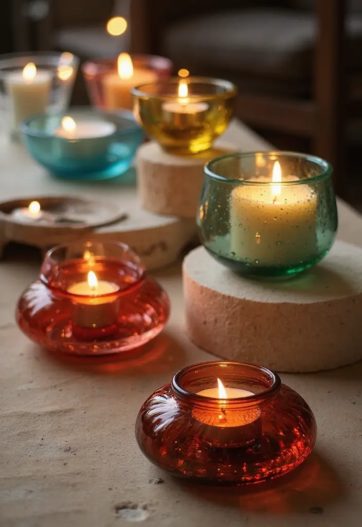 30+ Glass Candle Holder Decor Ideas That Feel Warm and Cozy 94 30+ Glass Candle Holder Decor Ideas That Feel Warm and Cozy - 26. Hand-Blown Glass Holders