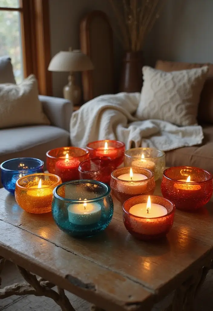 30+ Glass Candle Holder Decor Ideas That Feel Warm and Cozy 16 30+ Glass Candle Holder Decor Ideas That Feel Warm and Cozy - 4. Colored Glass Tealight Holders