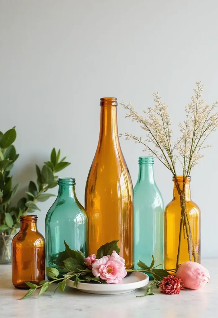 30 Large Glass Bottle Decor Ideas That Make a Statement 45 30 Large Glass Bottle Decor Ideas That Make a Statement - 19. Colorful Glass Bottle Arrangements