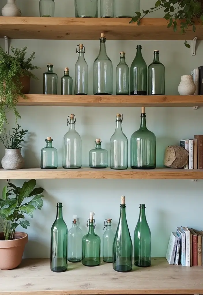 30 Large Glass Bottle Decor Ideas That Make a Statement 25 30 Large Glass Bottle Decor Ideas That Make a Statement - 9. Layered Bottle Display