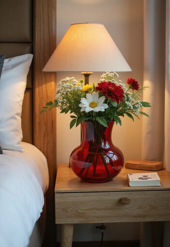 30+ Red Glass Vase Decor Ideas That Add Warmth and Energy 33 30+ Red Glass Vase Decor Ideas That Add Warmth and Energy - 11. Elevating Nightstands