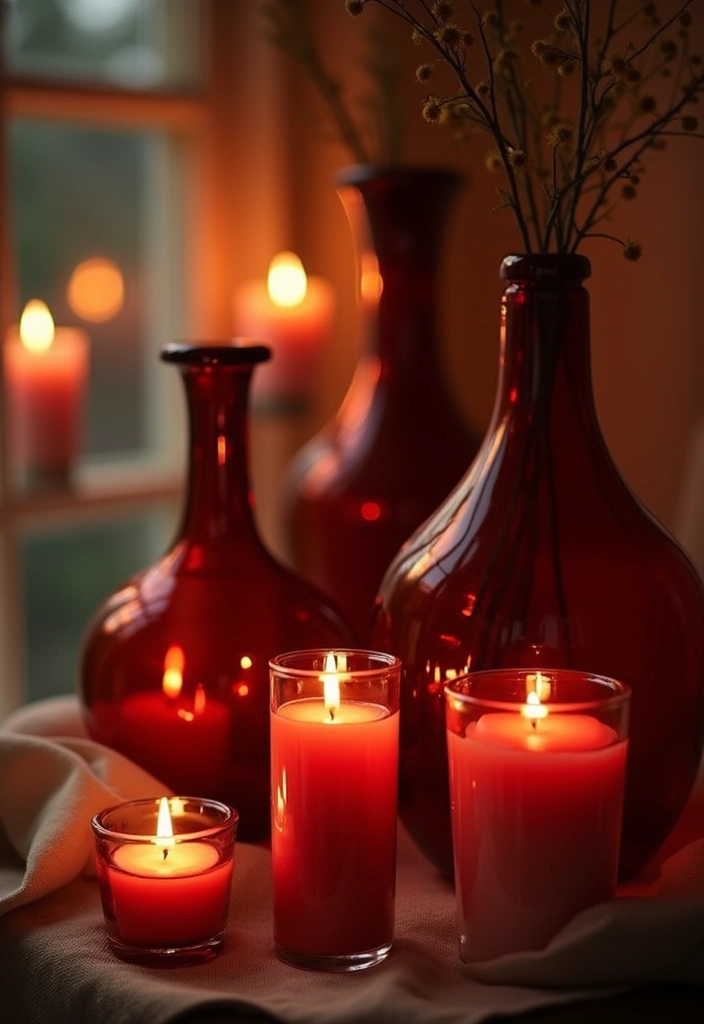 30+ Red Glass Vase Decor Ideas That Add Warmth and Energy 34 30+ Red Glass Vase Decor Ideas That Add Warmth and Energy - 12. Incorporating Candlelight